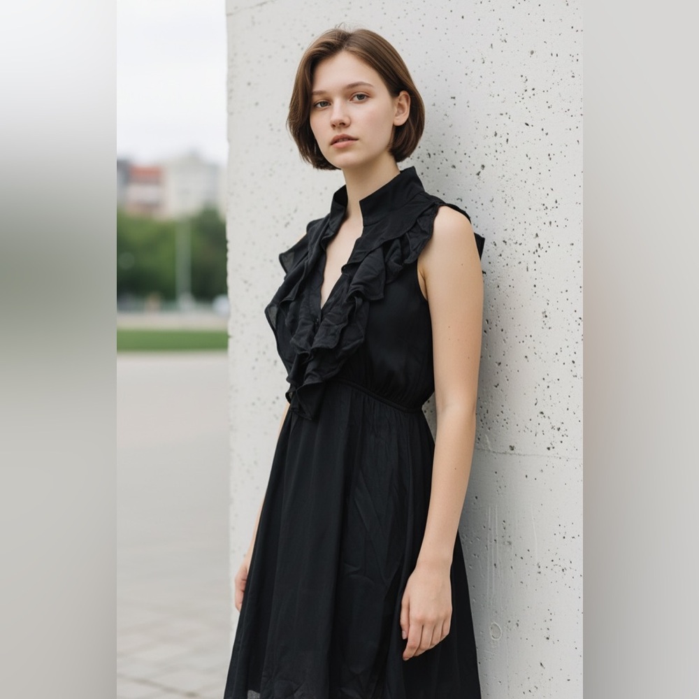 Marciano Black Ruffle Midi Dress